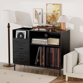 Eco-Friendly Record Player Stand with Flip-Top - Wood Vinyl Storage Cabinet with 2-Outlet Power Strip, Drawers & Dustproof Cubbies
