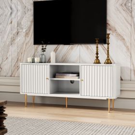 Mid Century Modern TV Stand with Fluted Doors, 55/60/65 inch White Entertainment Center with Storage, Media Console for Living Room, Bedroom
