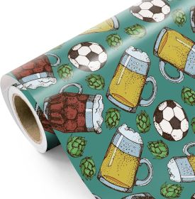 Beer Wrapping Paper Roll - Mini Roll - 17 Inch x 16.5 Feet - Beer Glass Mug and Football Wrapping Paper, Perfect for Men Birthday, Beer Party
