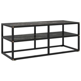 TV Cabinet Black Tempered Glass, Powder-Coated Steel Medium