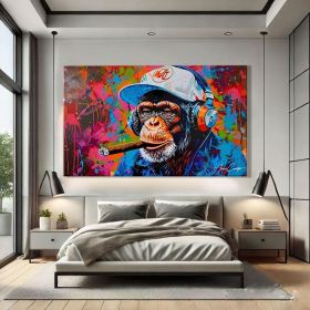 Funky Figure Wall Art Colorful Graffiti Monkey Pop Art Wall Art Funky Hand Painted Oil Painting Abstract Art Framed Graffiti Canvas Above Bed Dec (Style: 01, size: 100x150cm)