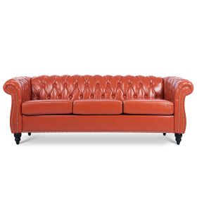 84.65" Rolled Arm Chesterfield 3 Seater Sofa. (Color: orange)