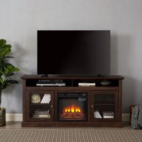 Modern TV Stand for up to 65 Inch TVs, Entertainment Center Farmhouse TV Cabinet Media Console Table with Glass Doors for Living Room (Color: Brown, With Fireplace Insert: Yes)